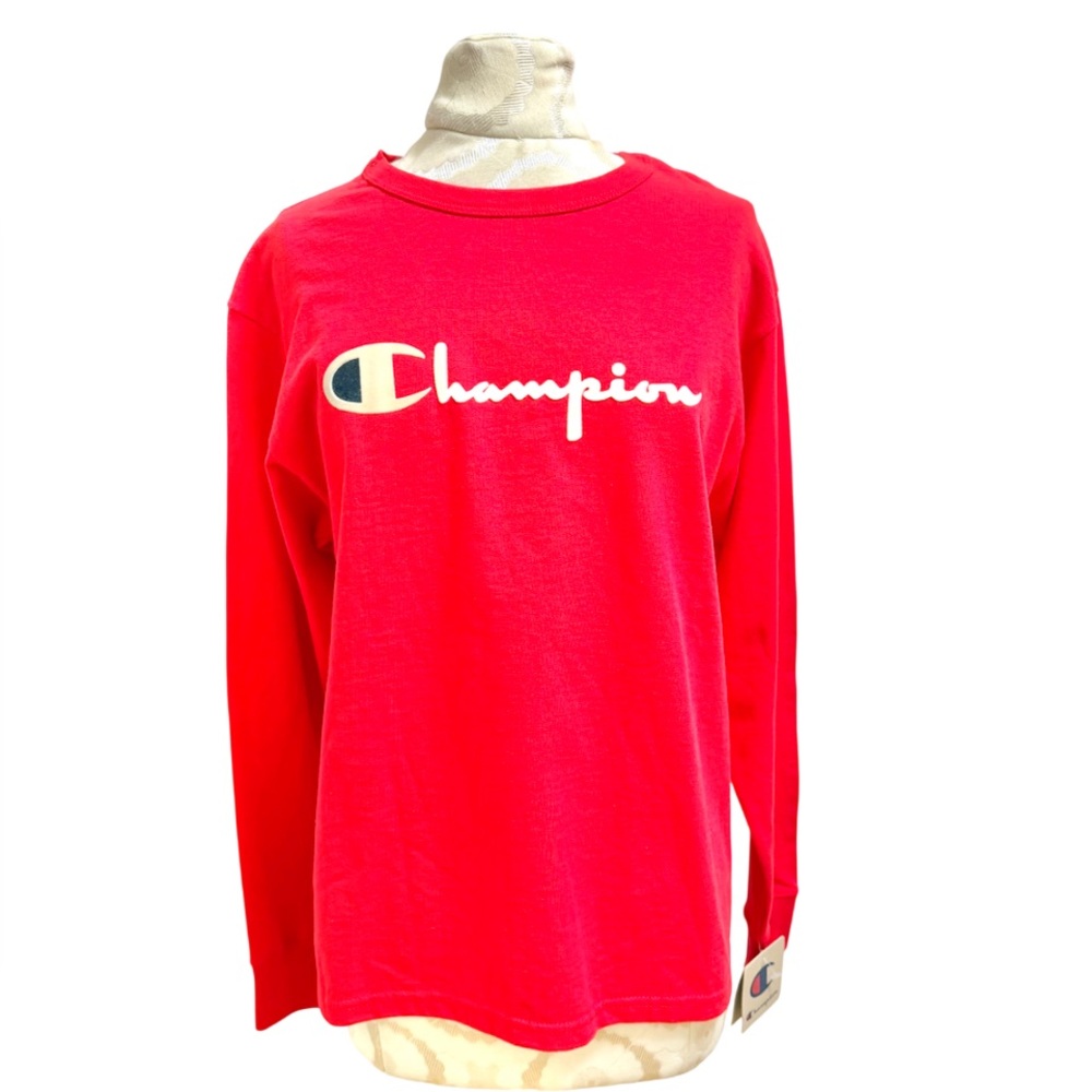 Champion Spellout Flock Script Logo Long Sleeve Red Tee Shirt Women’s Small NWT